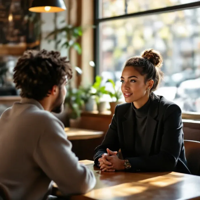A person practicing assertive communication in a one-on-one conversation