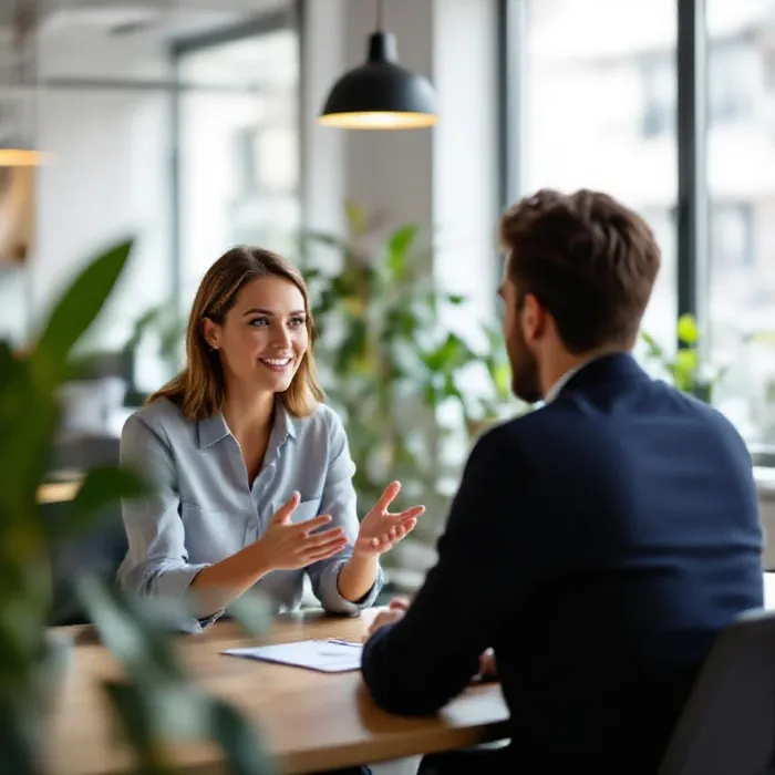 Two colleagues in a constructive feedback exchange in a bright modern office