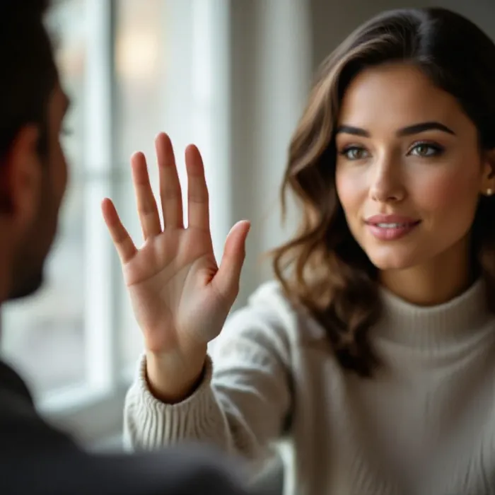A person holding up one hand in a calm and clear 'no' gesture during a conver…