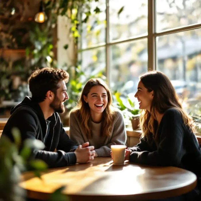 A small group of three friends in a bright café having an animated and warm c…