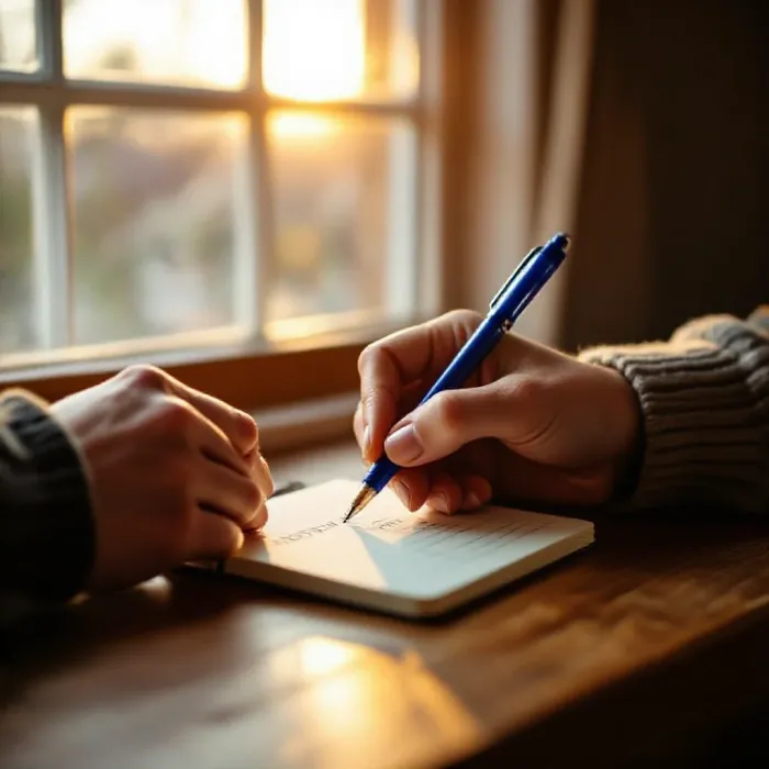 A person’s hands writing a short goal in a small pocket notebook using a blue…