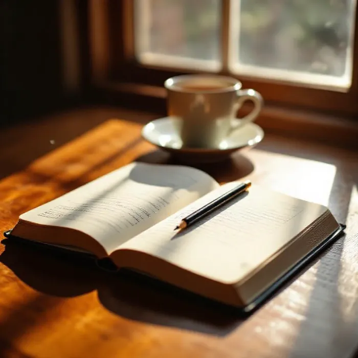 An open journal on a wooden table with neat handwritten notes and a pencil re…