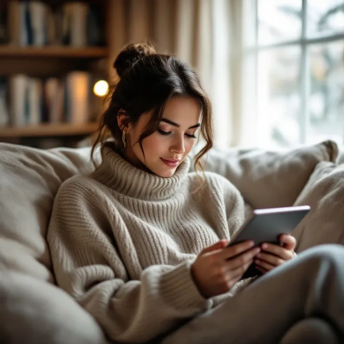 A person curled up on a comfortable sofa reading an article on a tablet