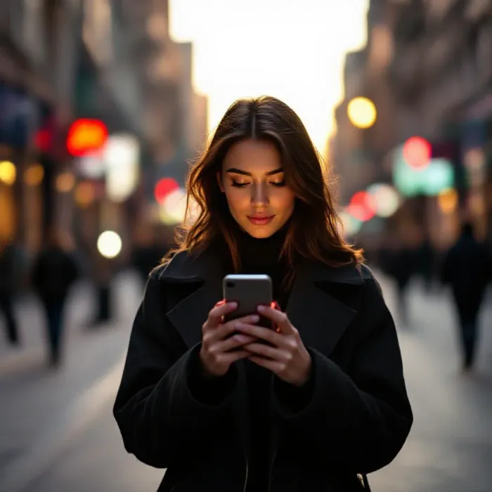 A person using a smartphone while walking in a bright city street during gold…