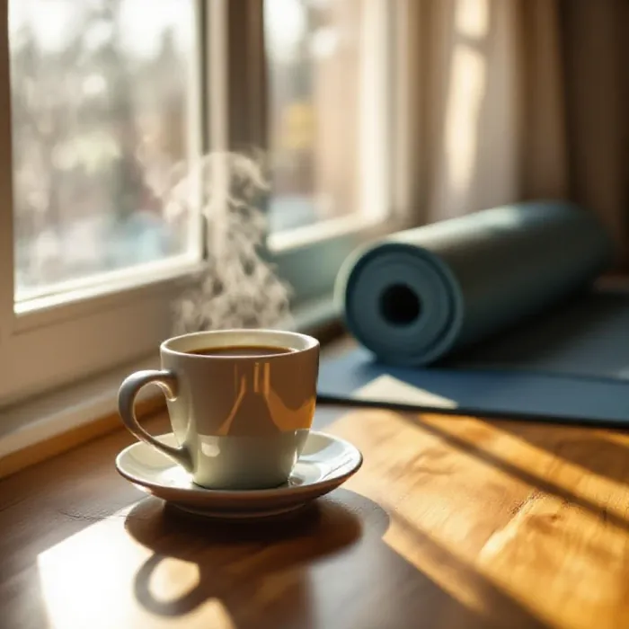 A peaceful morning routine scene: a steaming ceramic mug on a windowsill with…