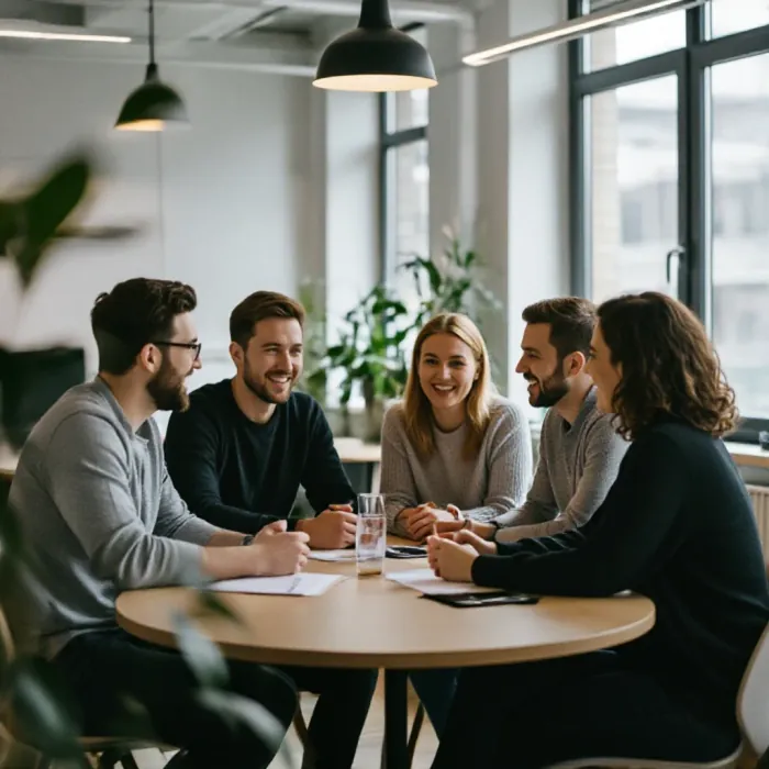 A small group of four people having an animated and egalitarian conversation …
