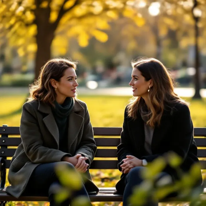 Two people in a genuine conversation outdoors on a bench