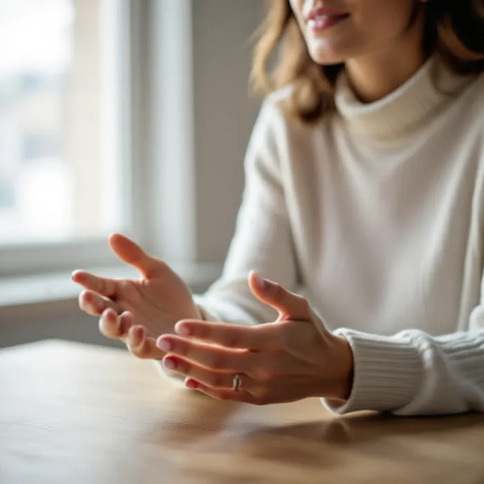 A person’s hands and upper body during a conversation, open palms