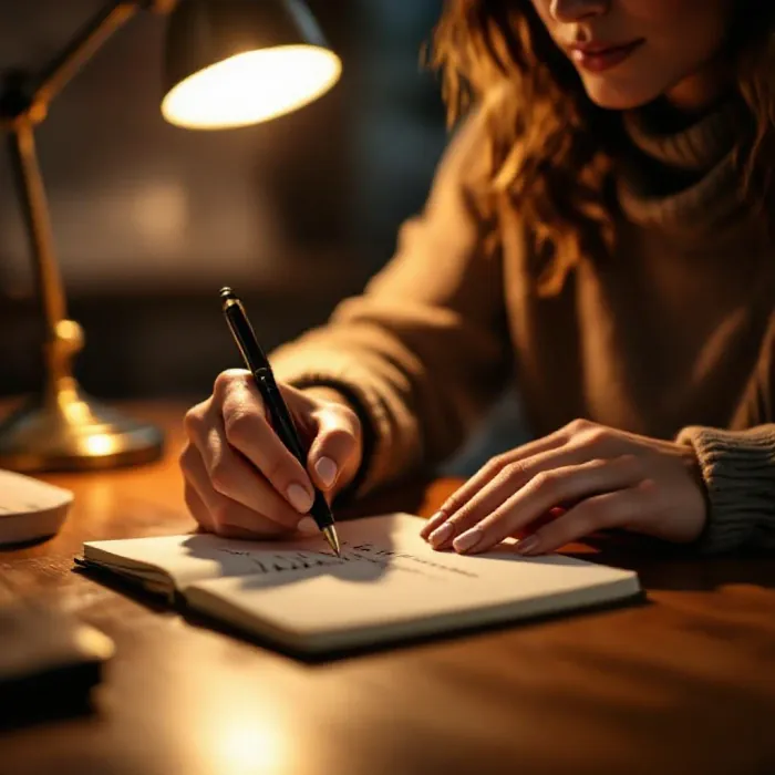 A person writing key talking points in a small notebook before an important c…
