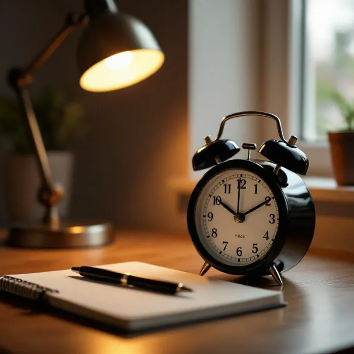 A simple kitchen timer set on a desk beside a tidy notebook and pen