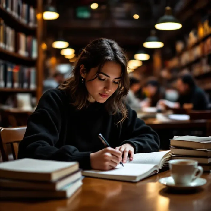 A person writing intently in a notebook at a library table surrounded by refe…