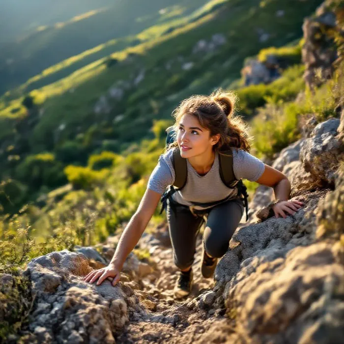 A young person confidently climbing a natural rocky hillside path with determ…