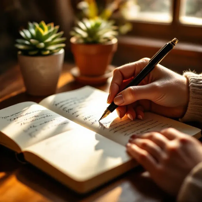 Gentle hands writing in a personal journal
