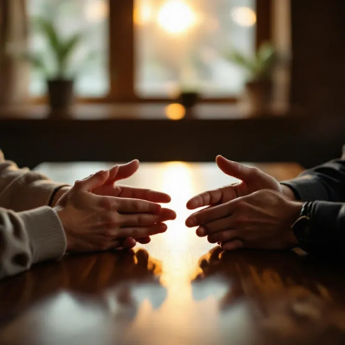 Two hands from different people resting near each other on a table with open …