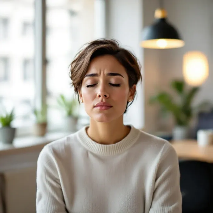 A person taking a slow deliberate breath with closed eyes during a difficult …