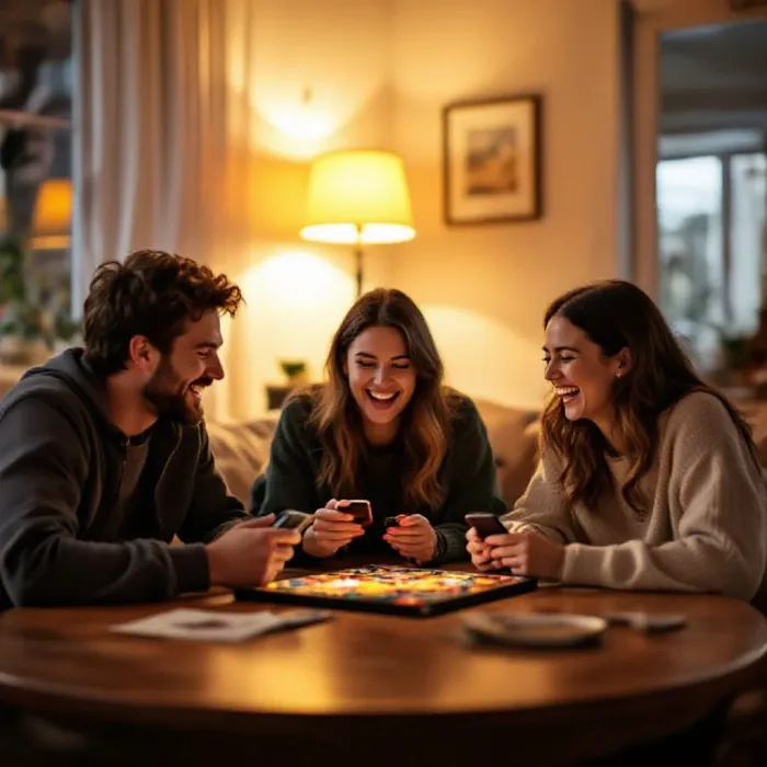 A group of three friends having a board game evening at a warm living room table