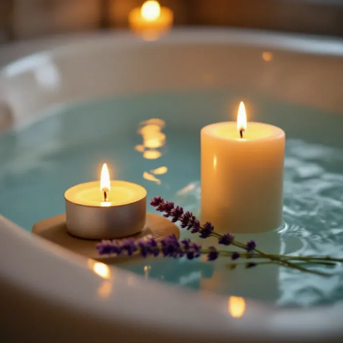 A cozy restorative bathtub scene without a person, warm water