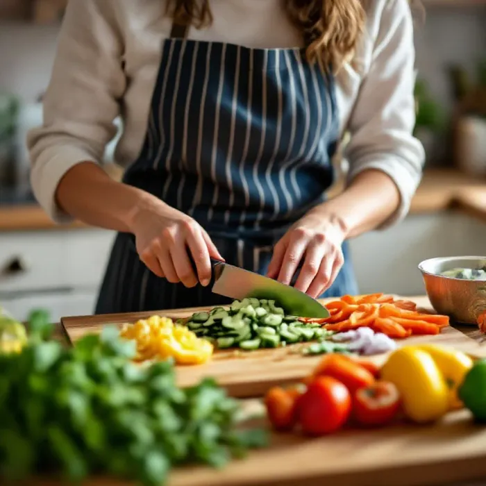 A person mindfully chopping fresh vegetables in a bright kitchen