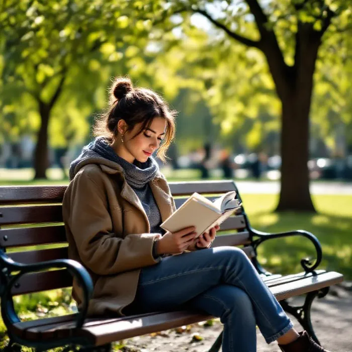 A person reading a physical book on a sunny park bench