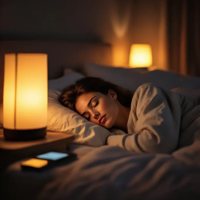A sleeping person in a comfortable bed in a dark minimal room