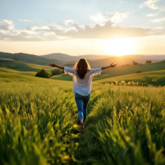 A person walking barefoot on a green meadow in late afternoon light