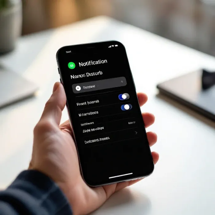 A phone screen showing notification settings being turned off, a simple Do N…
