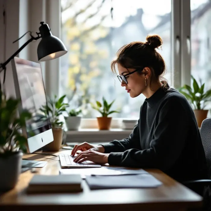 A person working at a completely tidy and distraction-free desk in a bright room