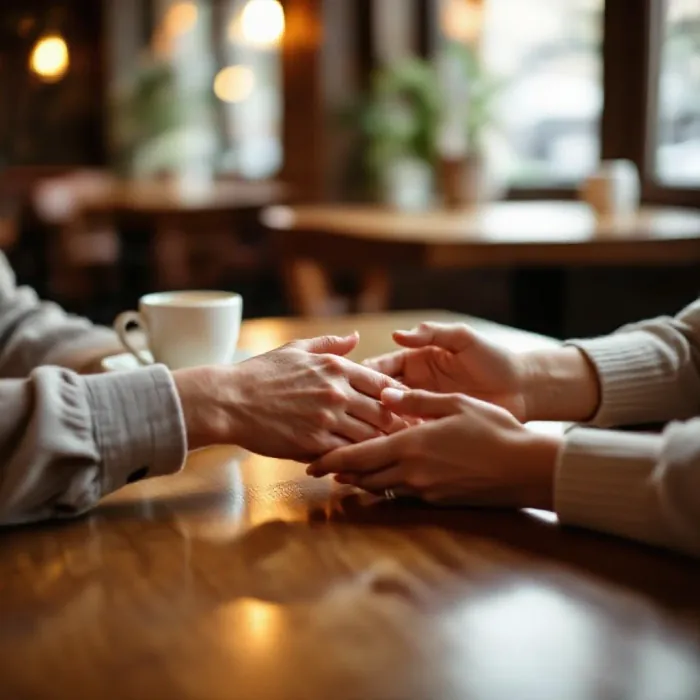 Two pairs of hands on a table across from each other in a supportive conversa…