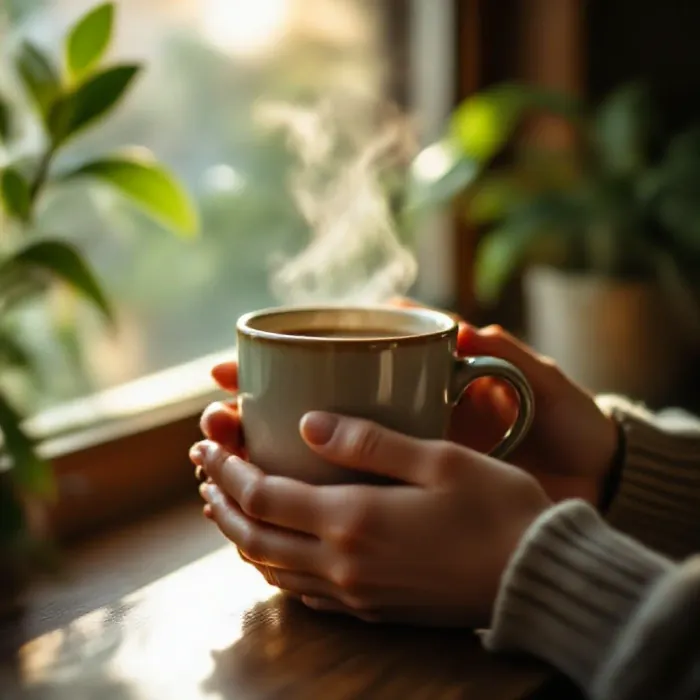 A person’s hands cradling a warm ceramic mug in quiet contemplation