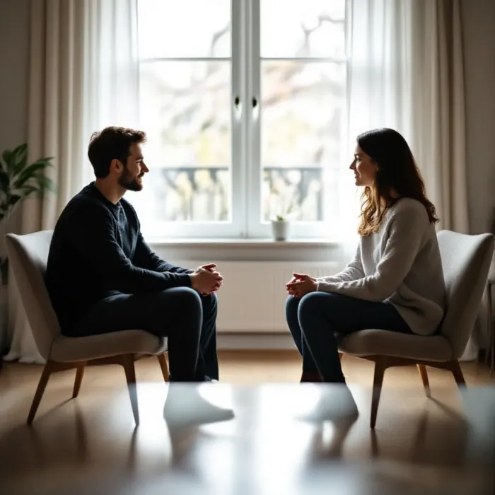 Two people sitting facing each other in a calm interior