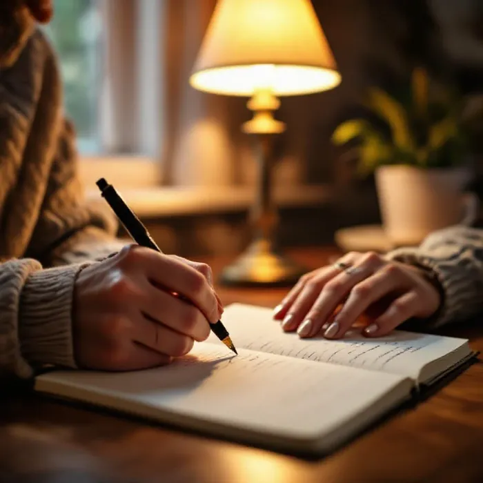 A person writing in a journal, asking themselves a reflective question about…