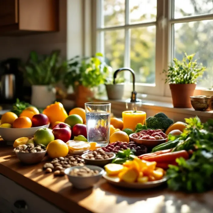 A bright colorful spread of healthy whole foods on a kitchen counter, fresh …