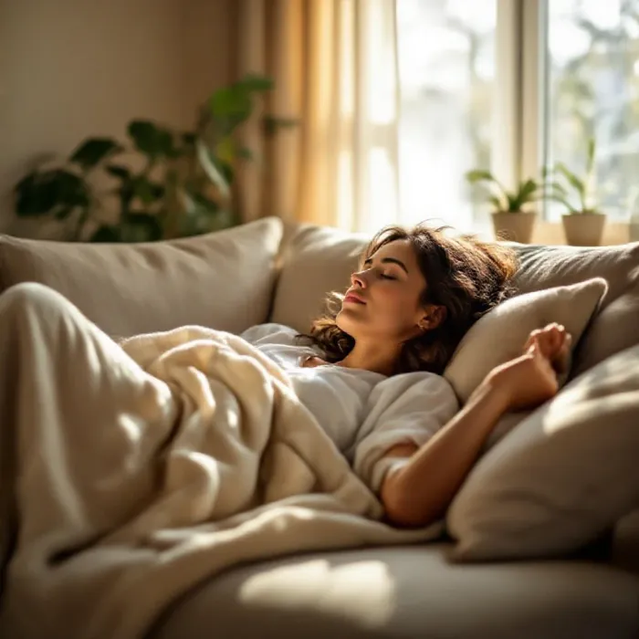 A person taking a short restorative nap on a sofa in a bright afternoon room