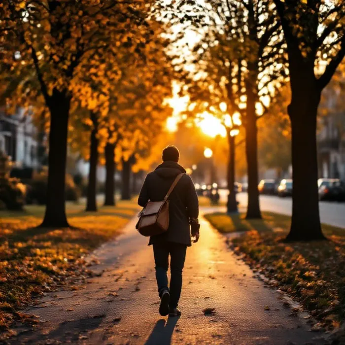 A person walking home from work along a tree-lined path in the evening golden…