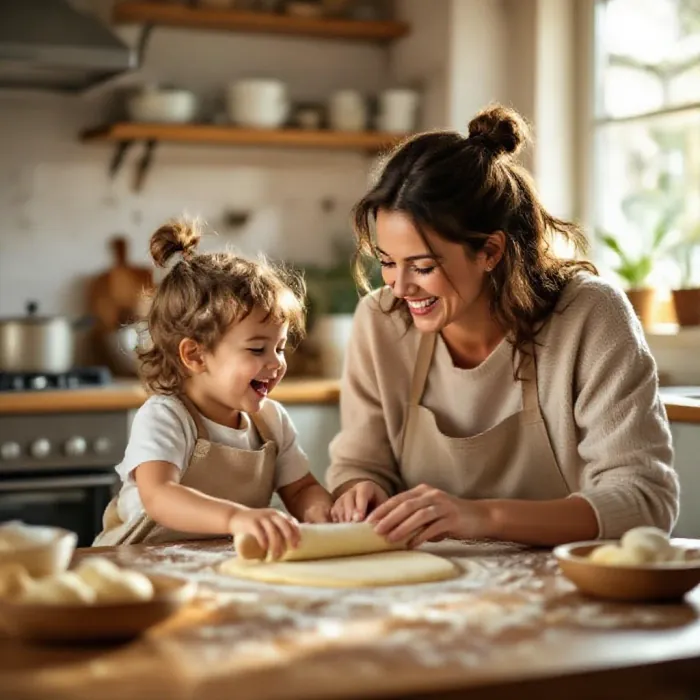 A parent and child doing a simple activity together in a bright kitchen, rol…