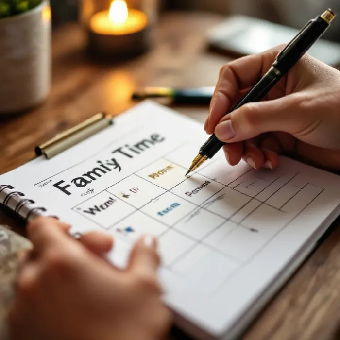 A person’s hand adding a 'family time' block in a physical weekly planner bes…