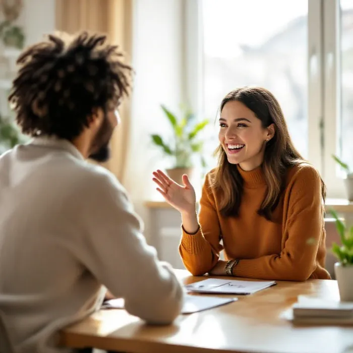 Two people doing a friendly role-play exercise in a bright room