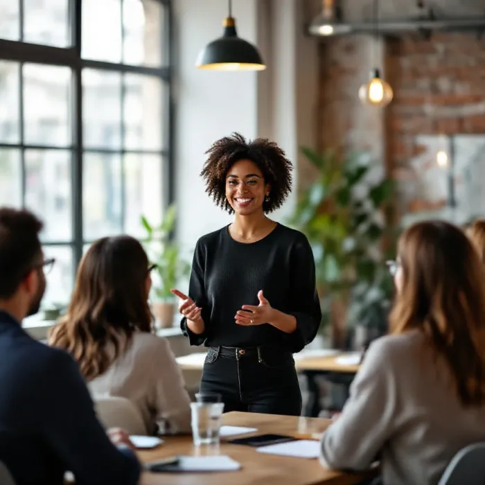 A confident person giving a short informal presentation to a small attentive …