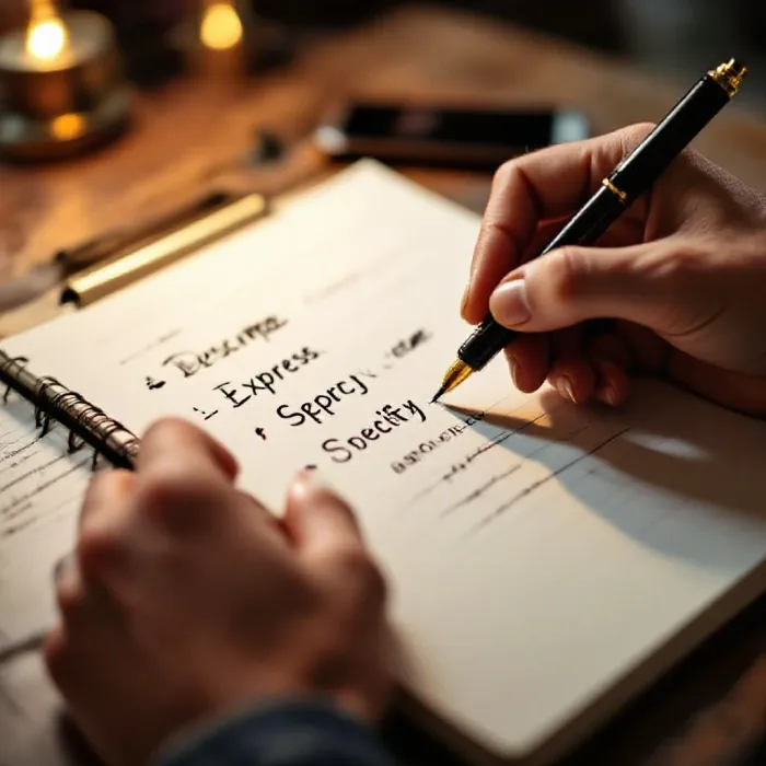 A hand writing out the DESC communication script in a notebook, Describe