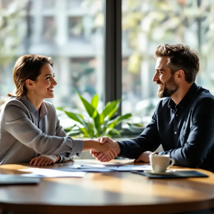 Two people in a handshake at the end of a resolved discussion