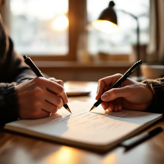 Someone writing reflective listening notes in a journal after a conversation …