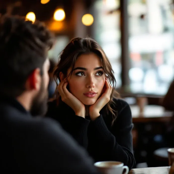 A person listening with their entire face and body turned attentively toward …