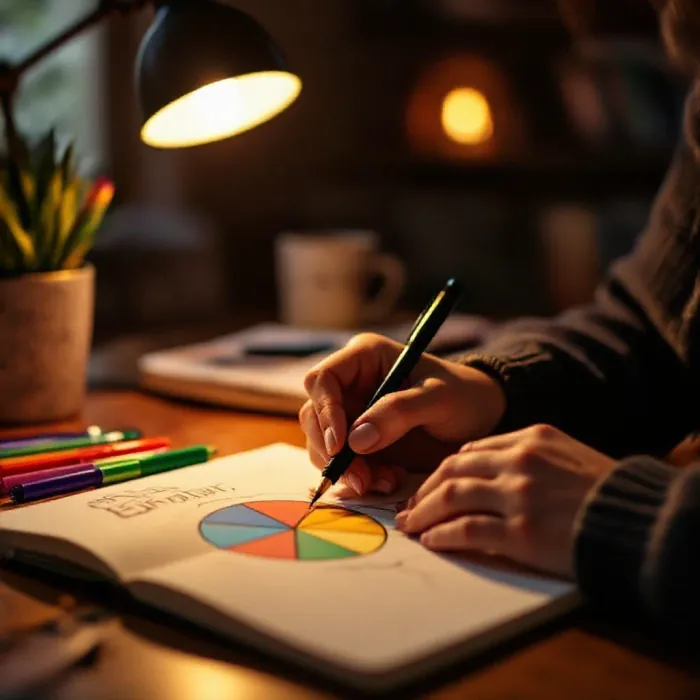A person drawing a simple emotion wheel diagram in a colorful journal