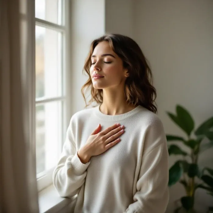 A person standing near a window in a calm bright room with eyes closed and ha…