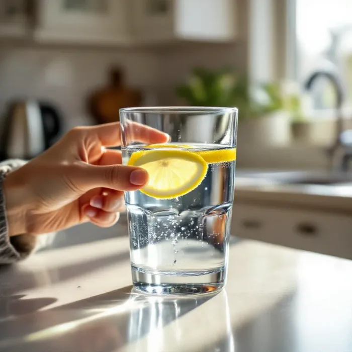 A person drinking a full glass of clear water at a bright kitchen counter in …