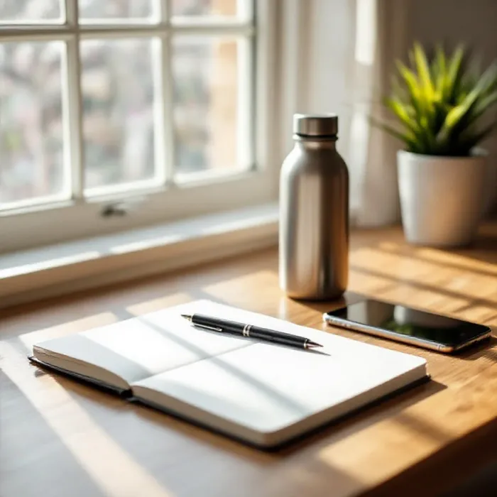 A perfectly organized minimal desk setup, a single notebook