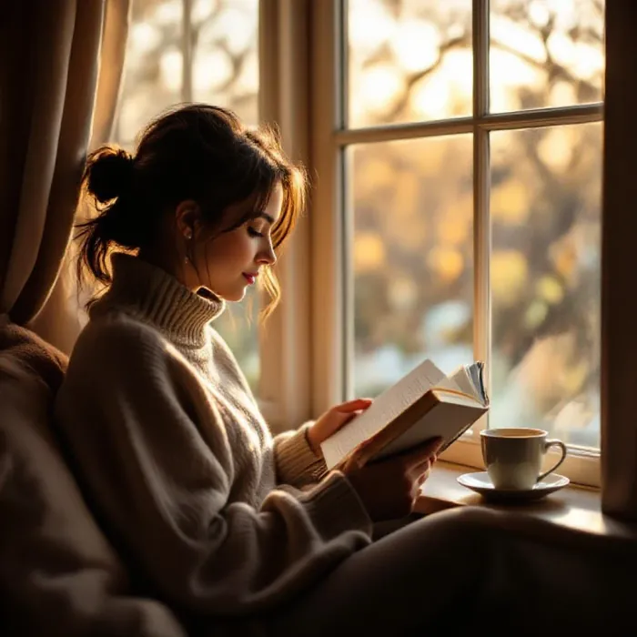 A person reading a book at a cozy window seat in late afternoon light