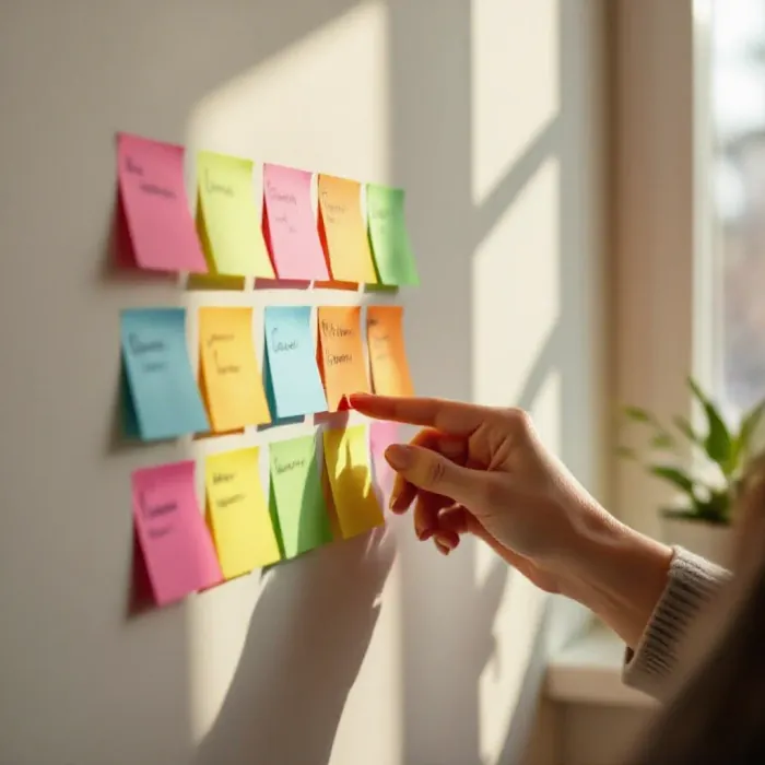A person using colored sticky notes to organize a weekly habits plan on a wal…