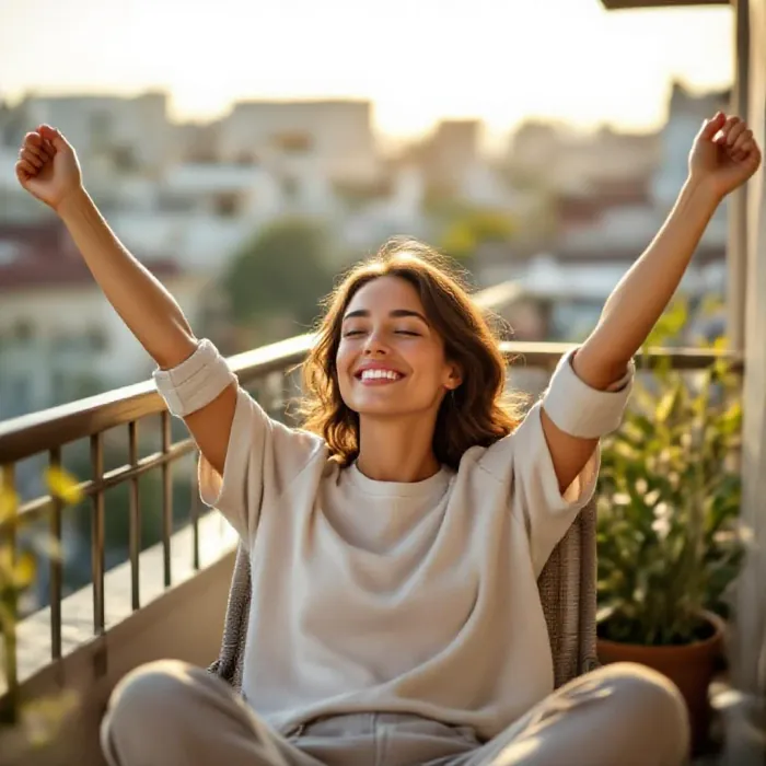 A person relaxing contentedly on a sunny balcony after finishing their mornin…