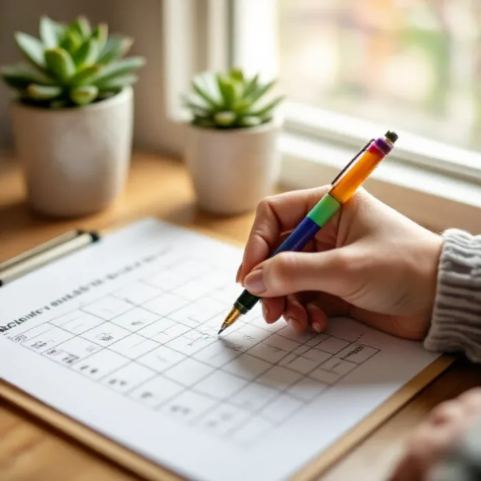 Hands filling in a printed habit tracker chart at a clean desk